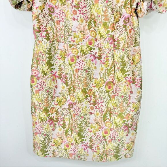 Clover and Sloane Pink Green Floral Print Jacquard Puff Sleeve Sheath Mini Dress - Picture 11 of 16
